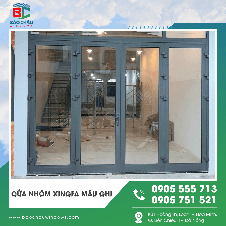 Mẫu cửa nhôm Xingfa màu ghi kính cường lực Mẫu cửa nhôm Xingfa màu ghi kính cường lực